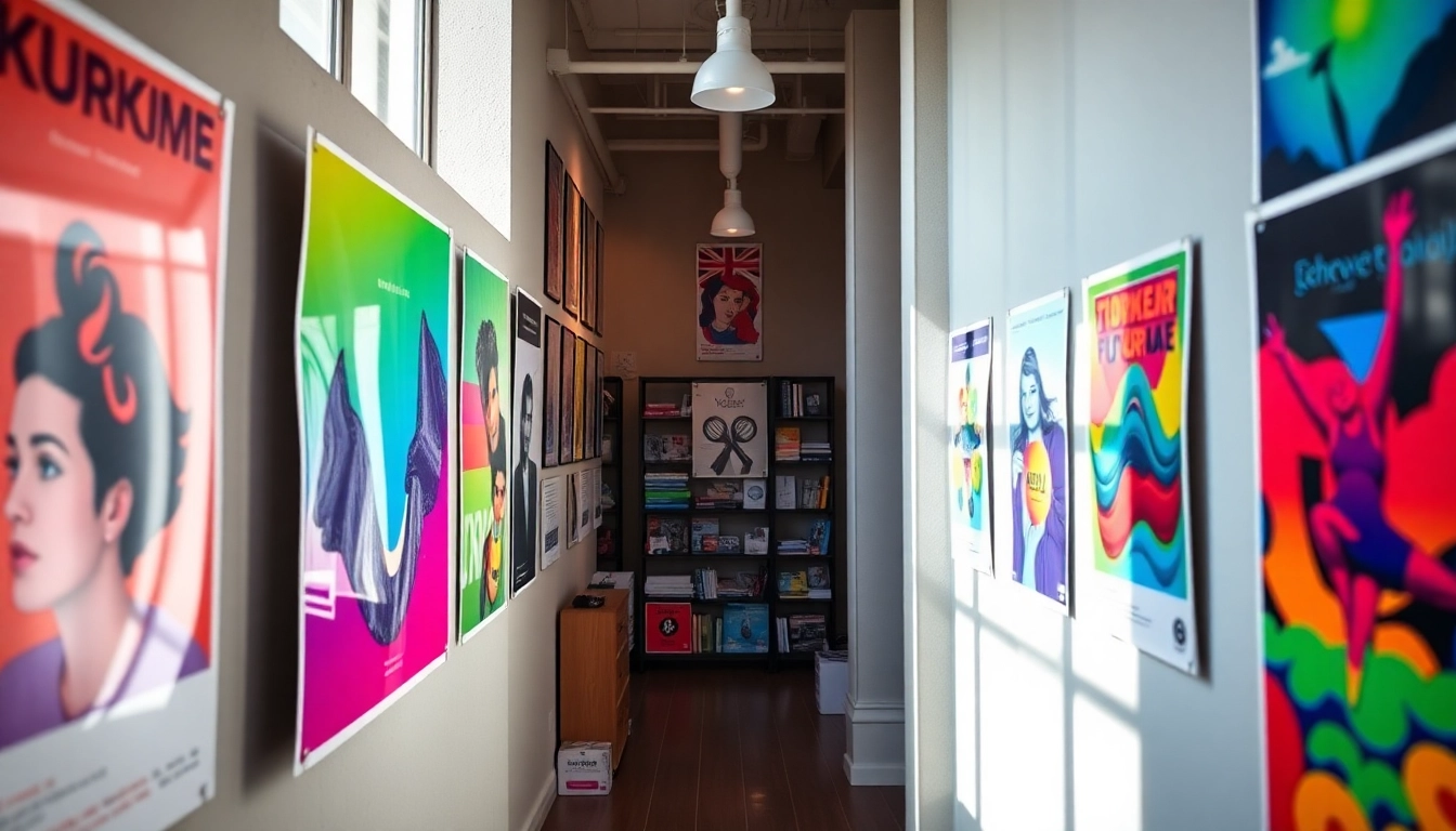 Promote poster printing Dublin with colorful, uniquely designed posters showcased in a modern printing shop.