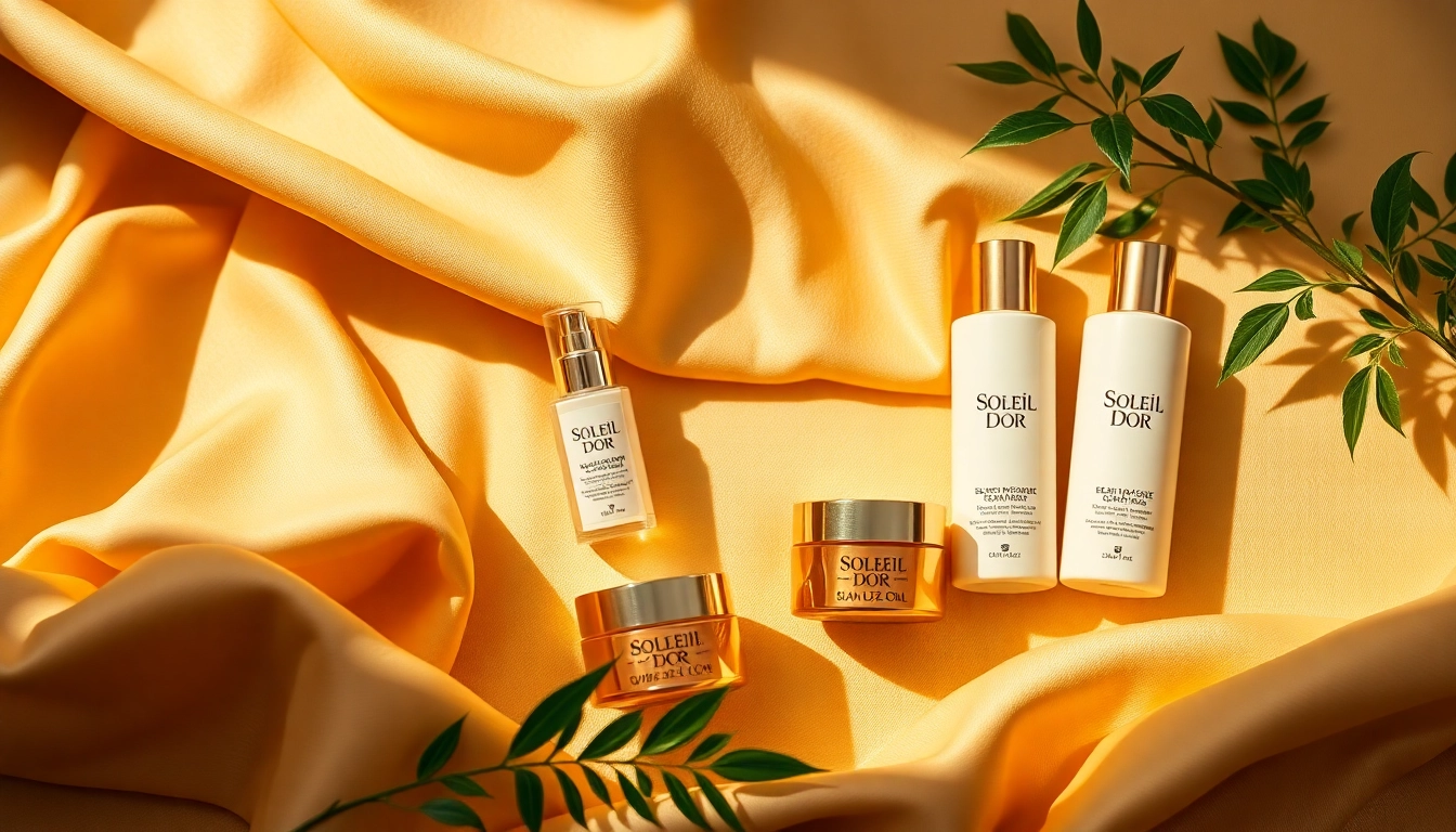 Soleil Dor luxury products beautifully arranged with golden accents and lush greenery.