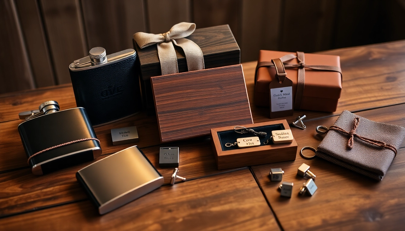 Showcase cheap groomsmen gifts like personalized flasks and keychains on a rustic table.