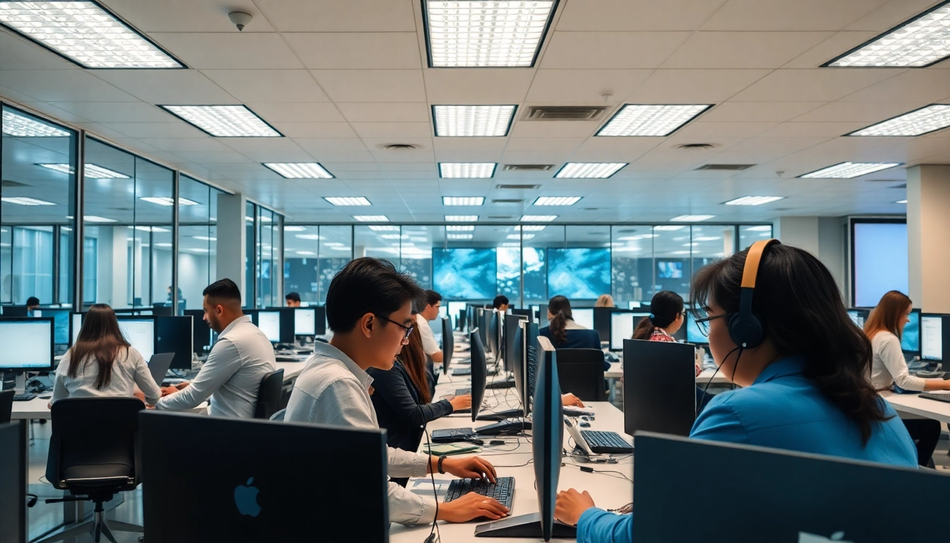 Agents collaborating in a vibrant Tijuana call center, showcasing modern workspaces and technology.