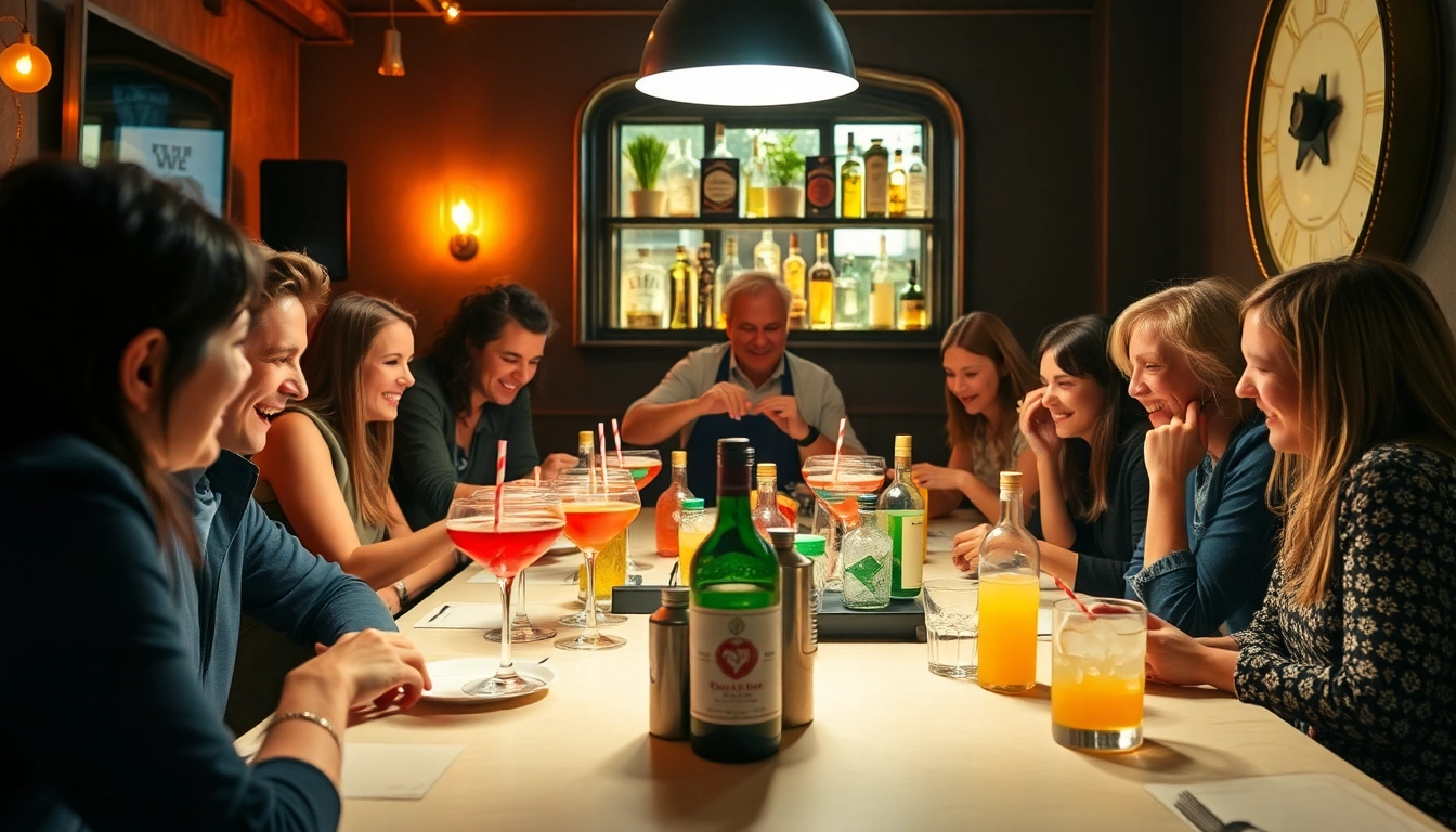 Engaged participants learning in a cocktail kurs berlin, mixing vibrant drinks together in a lively environment.