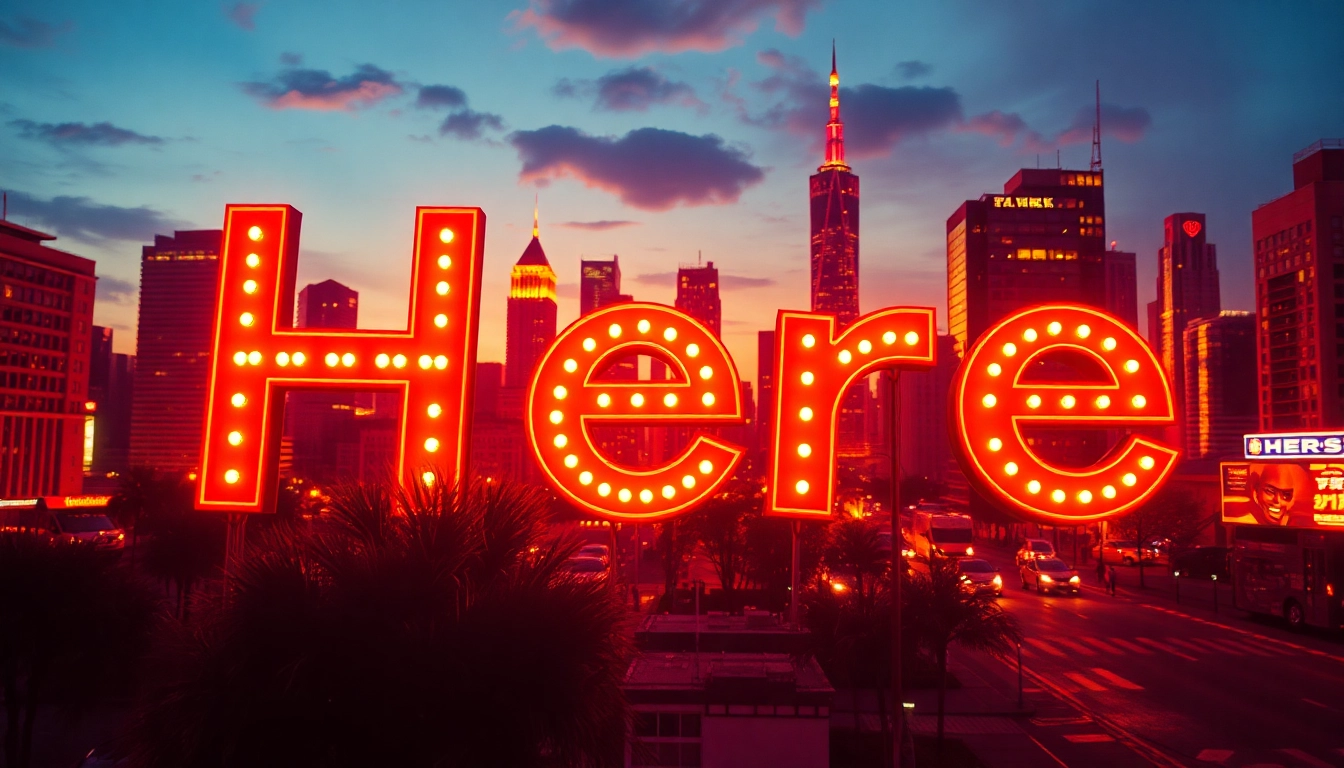 Showcase the word 'Here' glowing in neon against a vibrant city skyline, illustrating the connection to location.