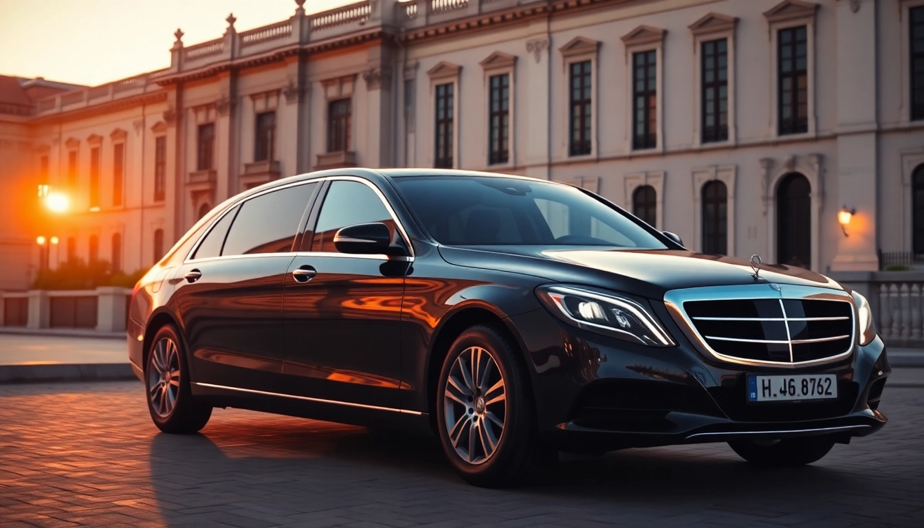 Stylish luxury hire chauffeur Lisbon vehicle against a sunset backdrop by a historic landmark.