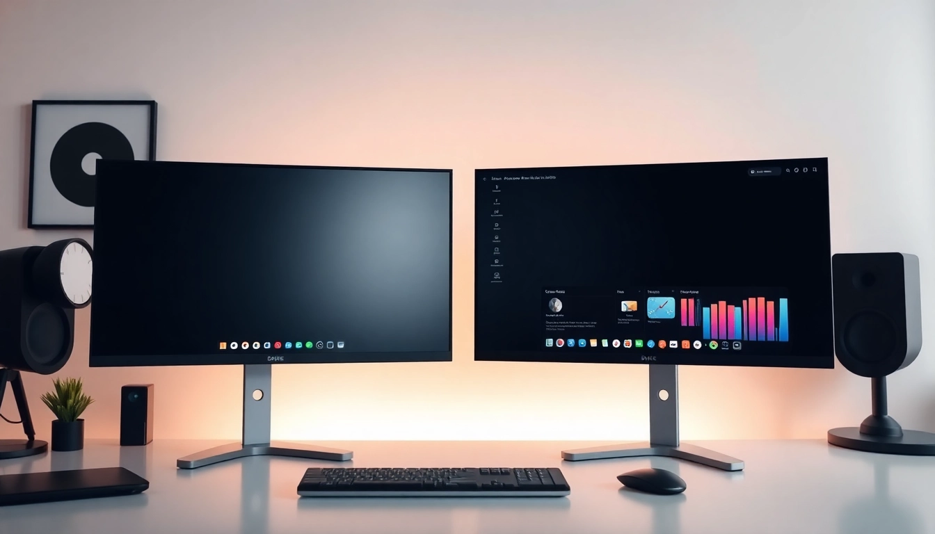 Setup a dual monitor install with a stylish workspace, featuring sleek screens and a tidy desktop.