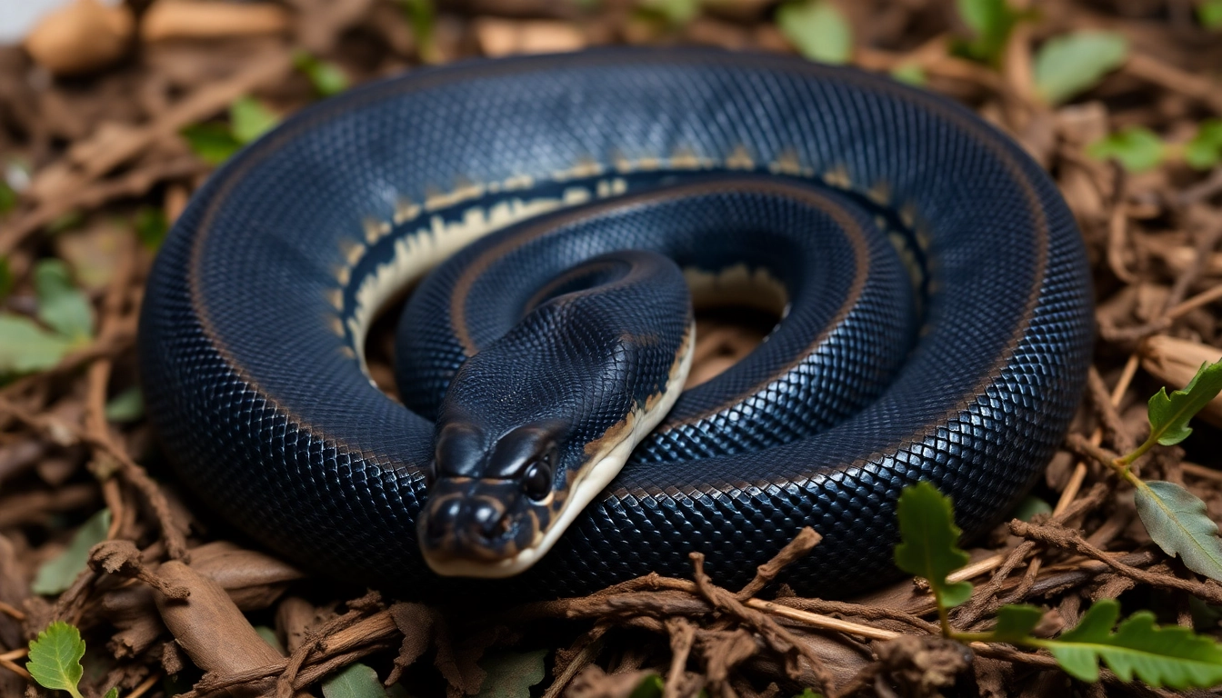 Black ball python for sale showcasing its glossy scales and unique pattern, perfect for pet enthusiasts.