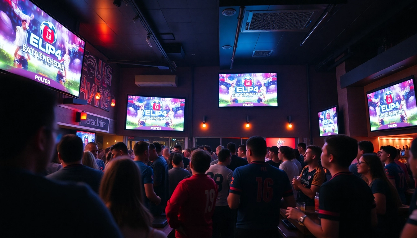 Fans enjoying the excitement of EPL중계 at a lively sports bar with large screens.