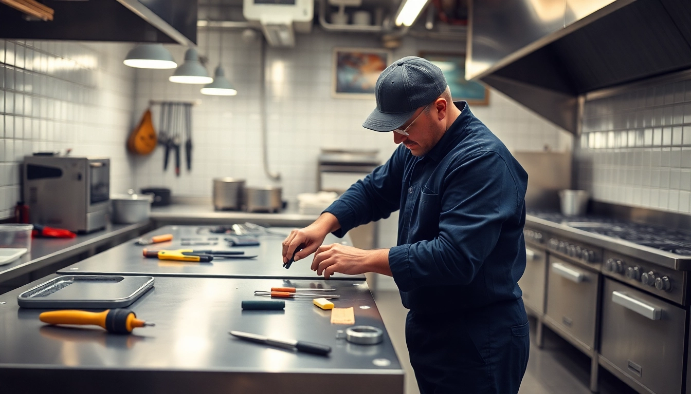 Technician performing prep table repair in a restaurant kitchen, showcasing tools and techniques.