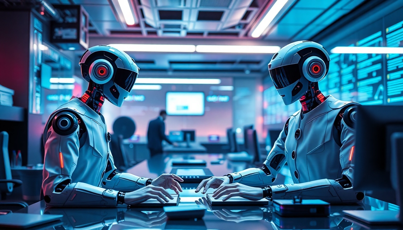 AI agents collaborating with humans in a modern workspace, showcasing advanced technology.