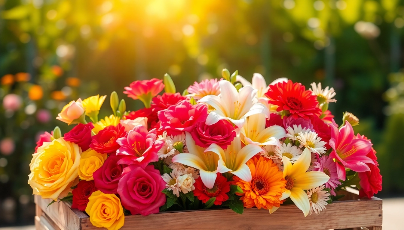 Brightly arranged Fountain Valley flowers in a rustic crate, showcasing vibrant colors and textures.