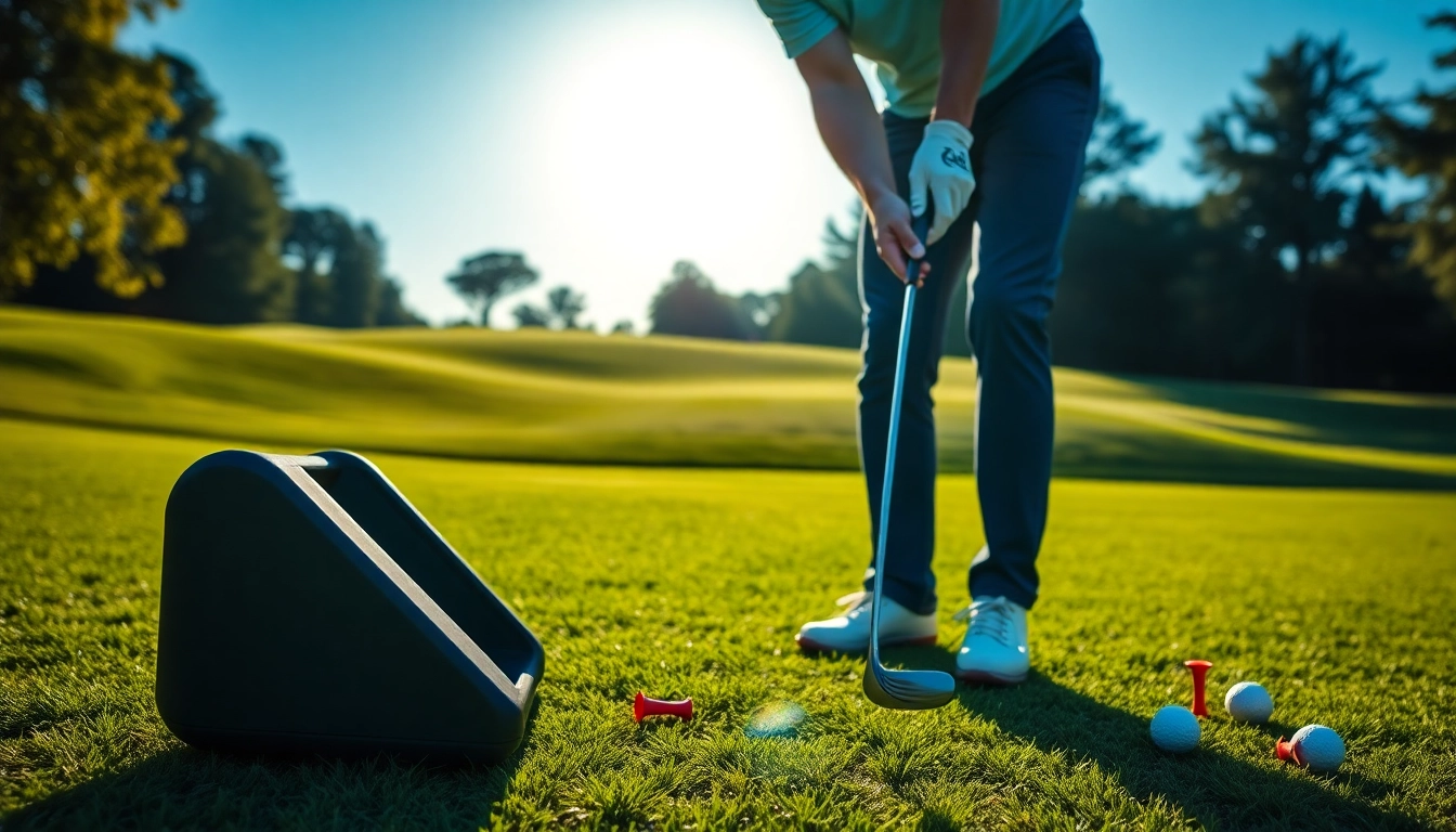 Golfer using a golf swing training aid on a sunny course, enhancing their technique.