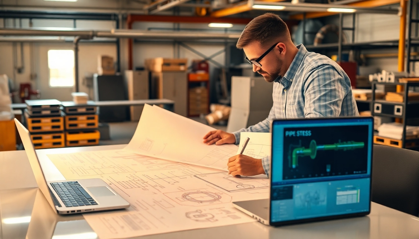 Pipes and blueprints being analyzed by an expert pipe stress analysis company team.