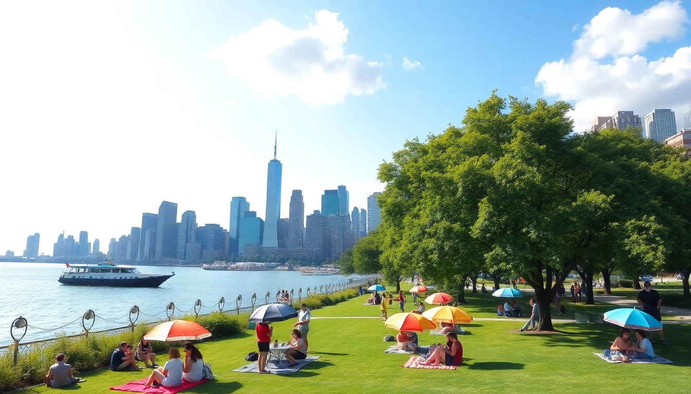 People enjoying Liberty State Park in Jersey City NJ against the Manhattan skyline.