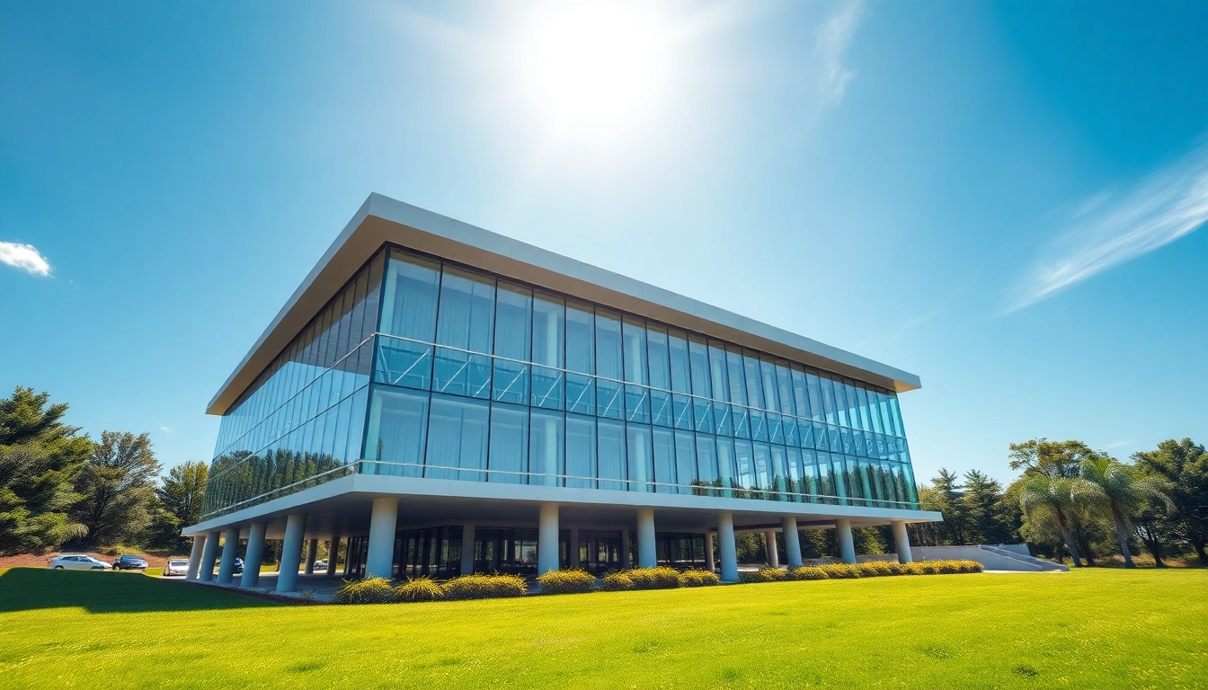 Elevate building portrayed in a modern commercial structure set against a green landscape.