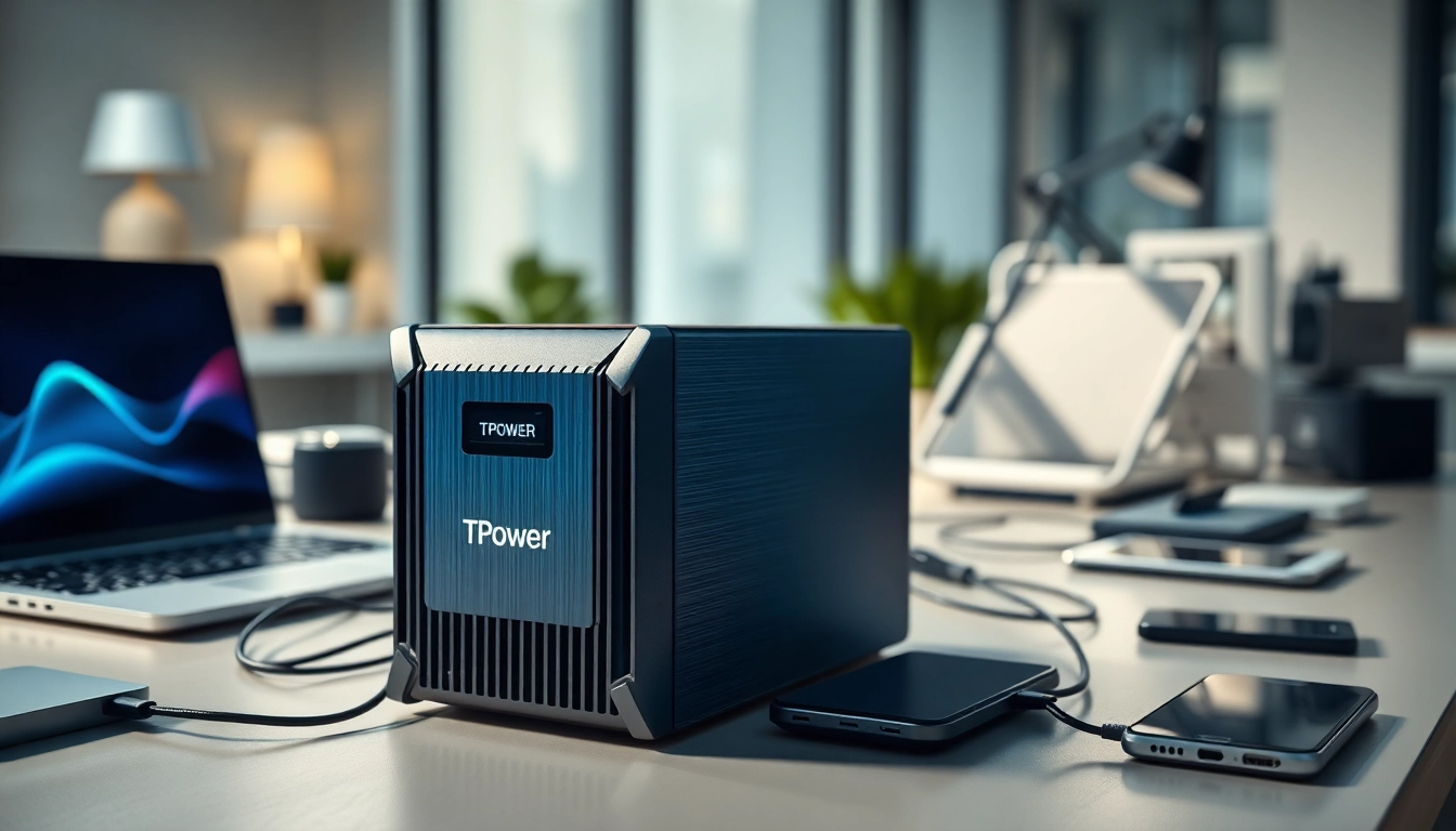 Showcasing TPower's reliable power supply with electronics in a modern workspace.