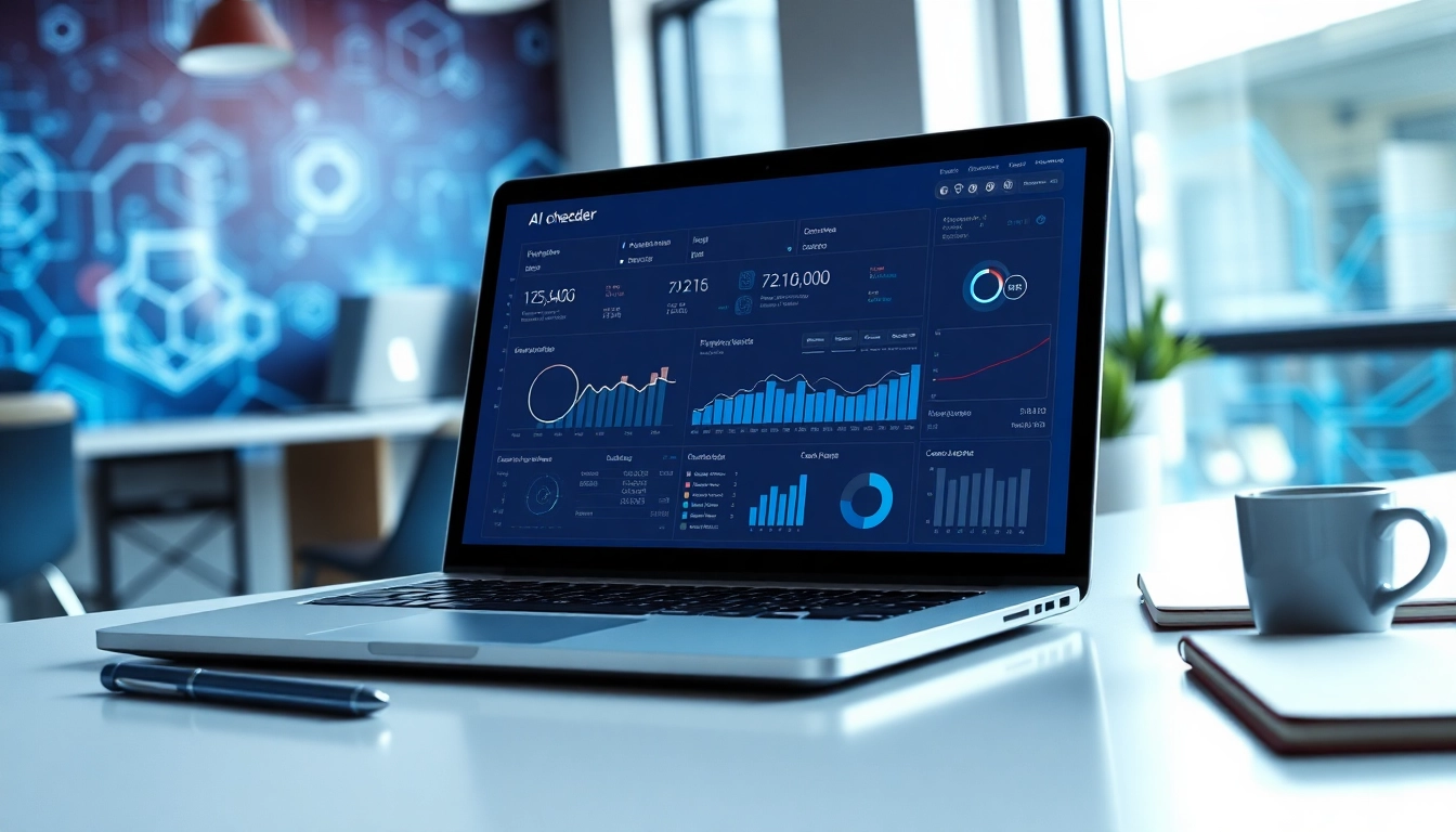 Utilize the AI checker tool to analyze and verify text accuracy in a modern workspace setup.