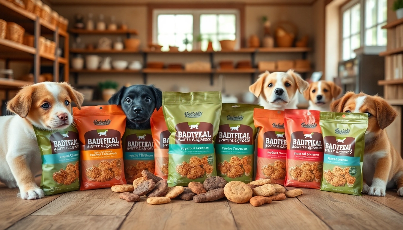 Showcase of Wholesale Dog Treats surrounded by playful puppies in a rustic bakery scene.