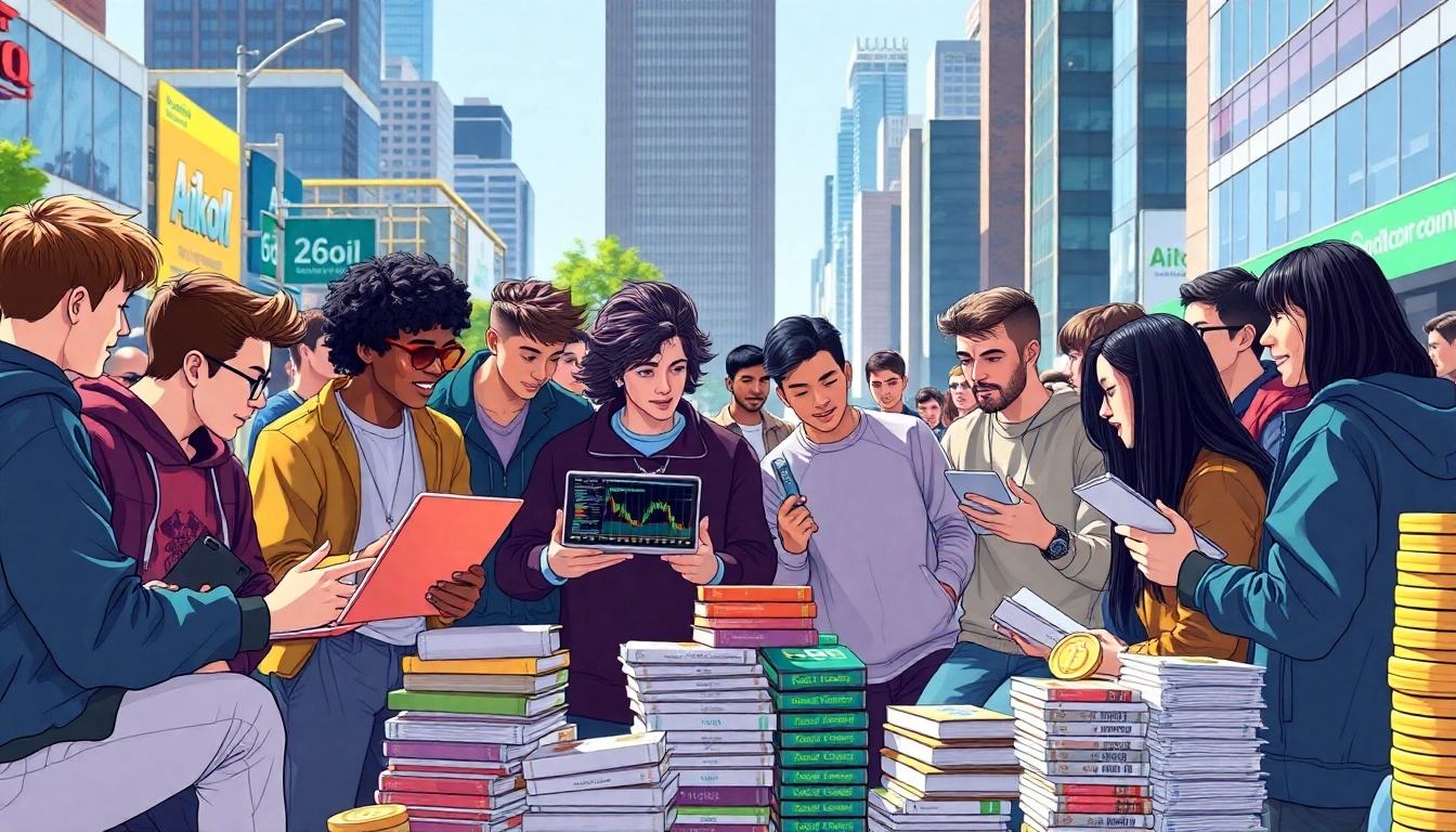4chan crypto bros animatedly discussing cryptocurrency trends in an urban setting.