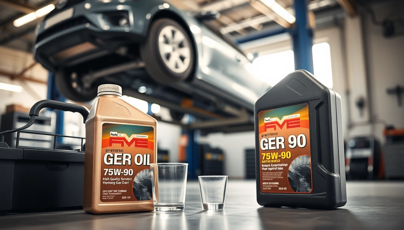 Synthetic gear oil 75W-90 displayed prominently in a professional automotive maintenance setup.