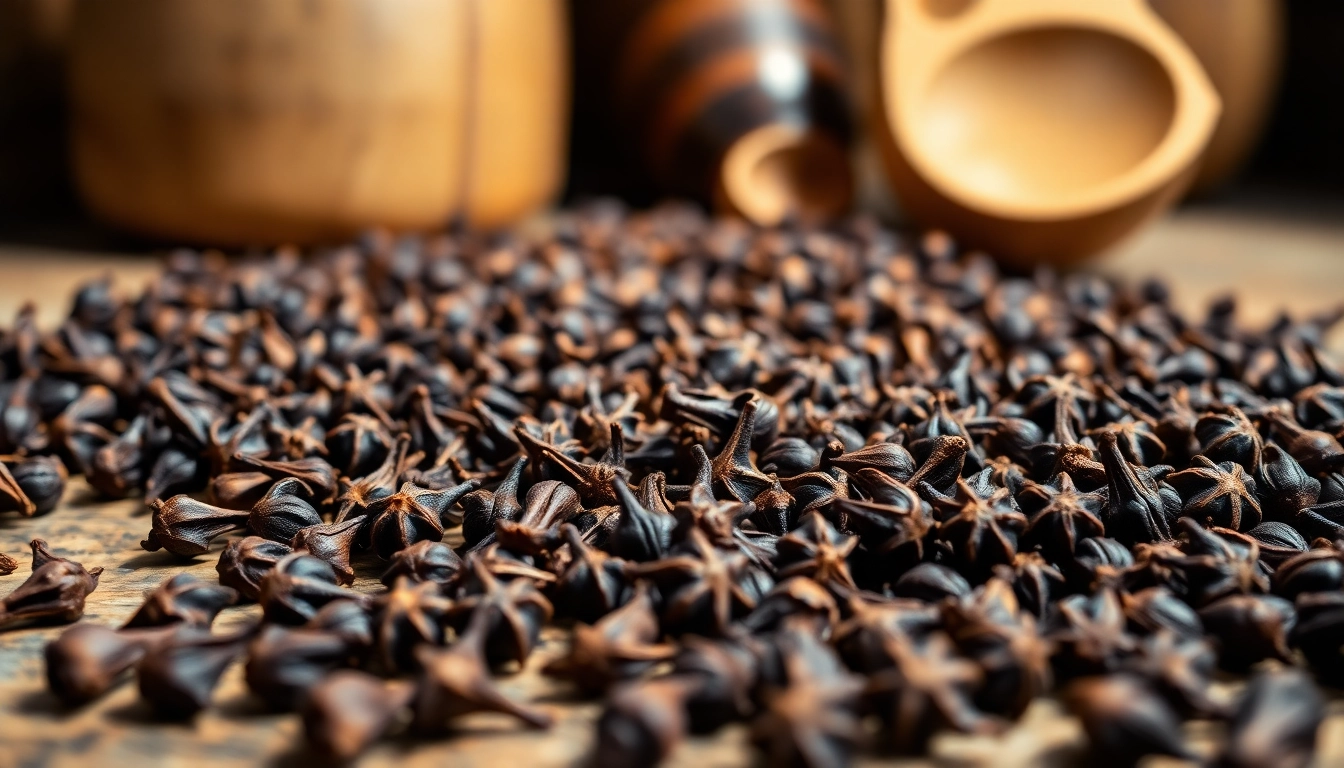 Cloves scattered on a wooden surface highlighting their rich texture and shape.