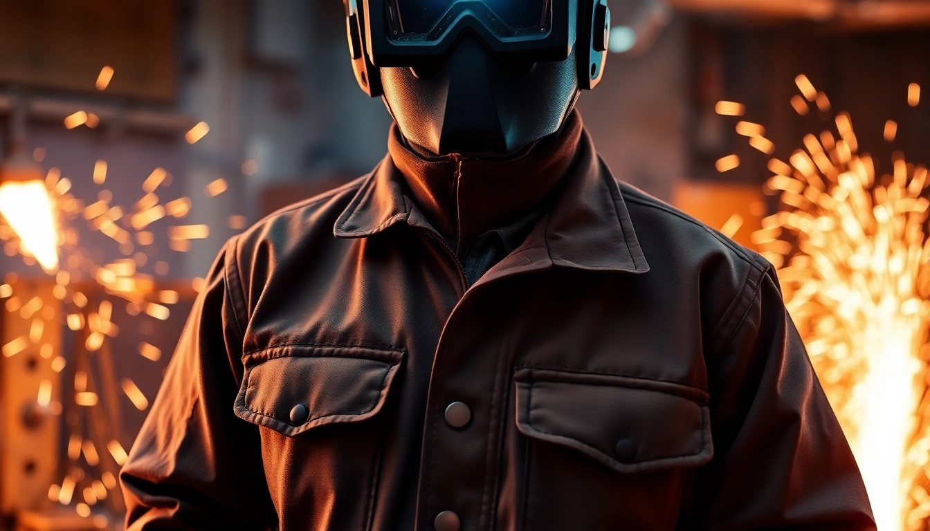 Welding jacket protecting a welder amidst sparks in an industrial workshop.