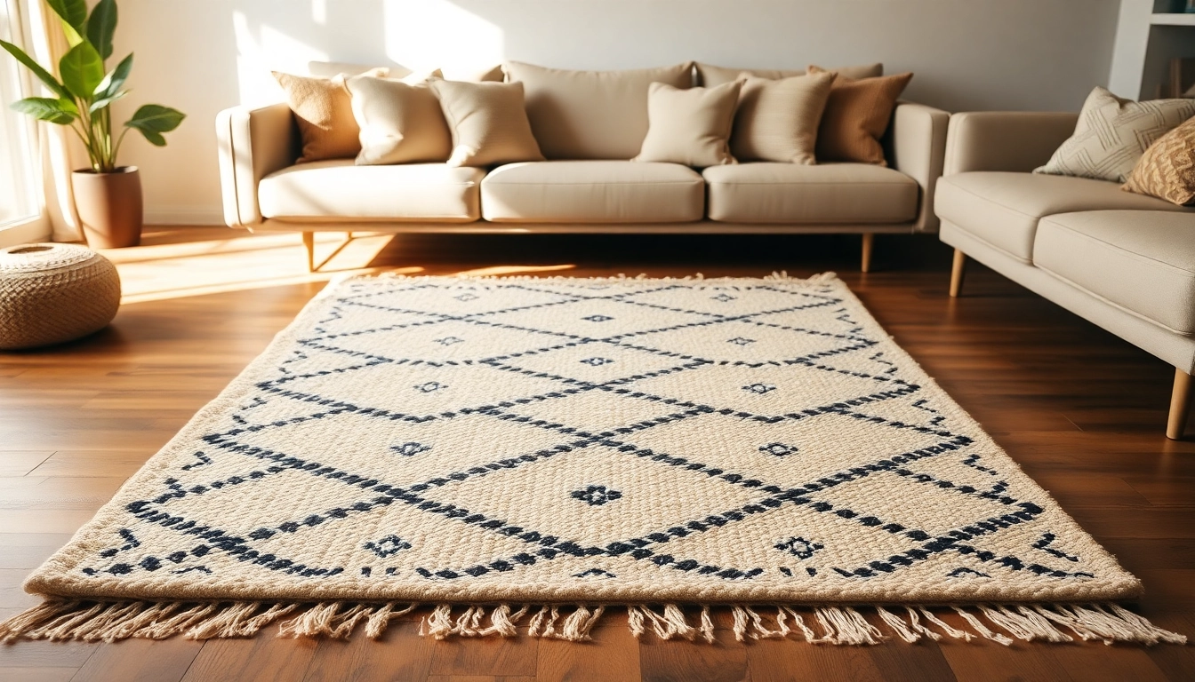 Showcase of Beni Ourain rug from https://labboho.com/collections/beni-ourain-rugs enhancing a stylish living room.