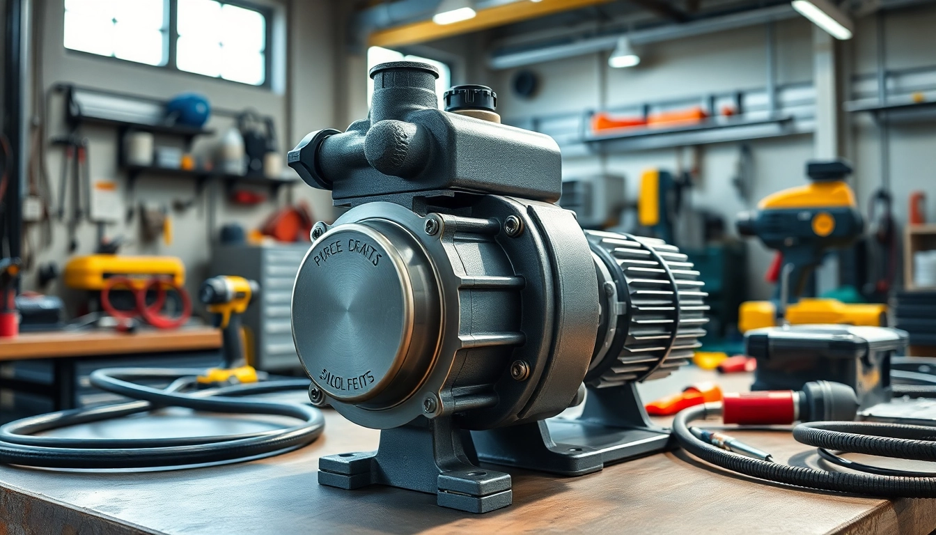 Pneumatic vacuum pump displayed on a workshop bench, showcasing its advanced design and functionality.