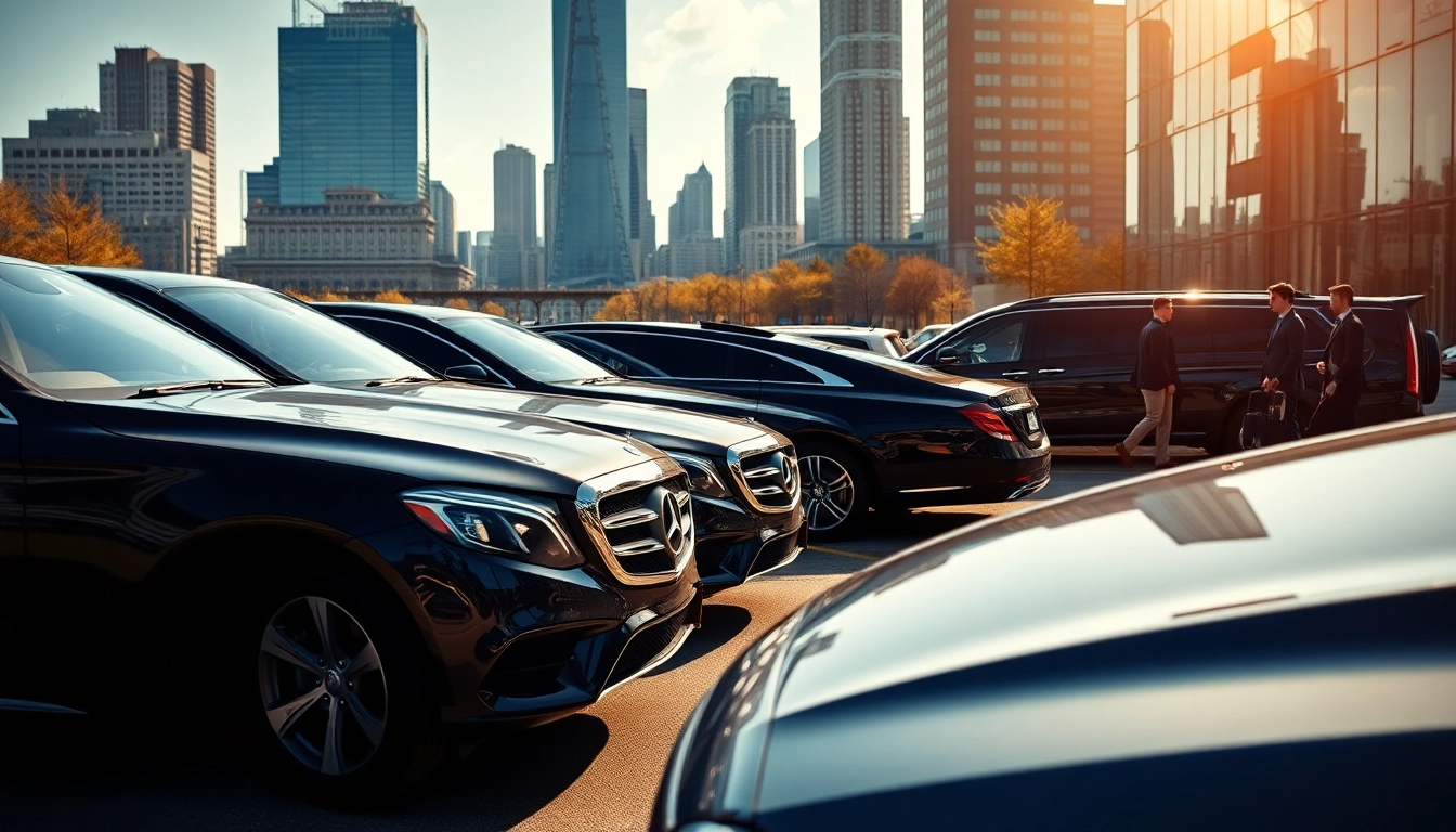 Car transport service featuring luxury vehicles in an urban setting with vibrant city landmarks.