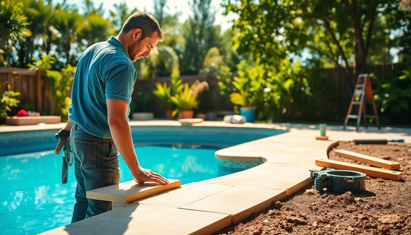 Engaging image of swimming pool installation process showcasing a contractor expertly working on pool tiles.