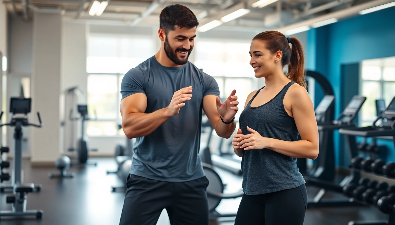 Engaging gym training consultation showcasing a trainer assisting a client with exercises.