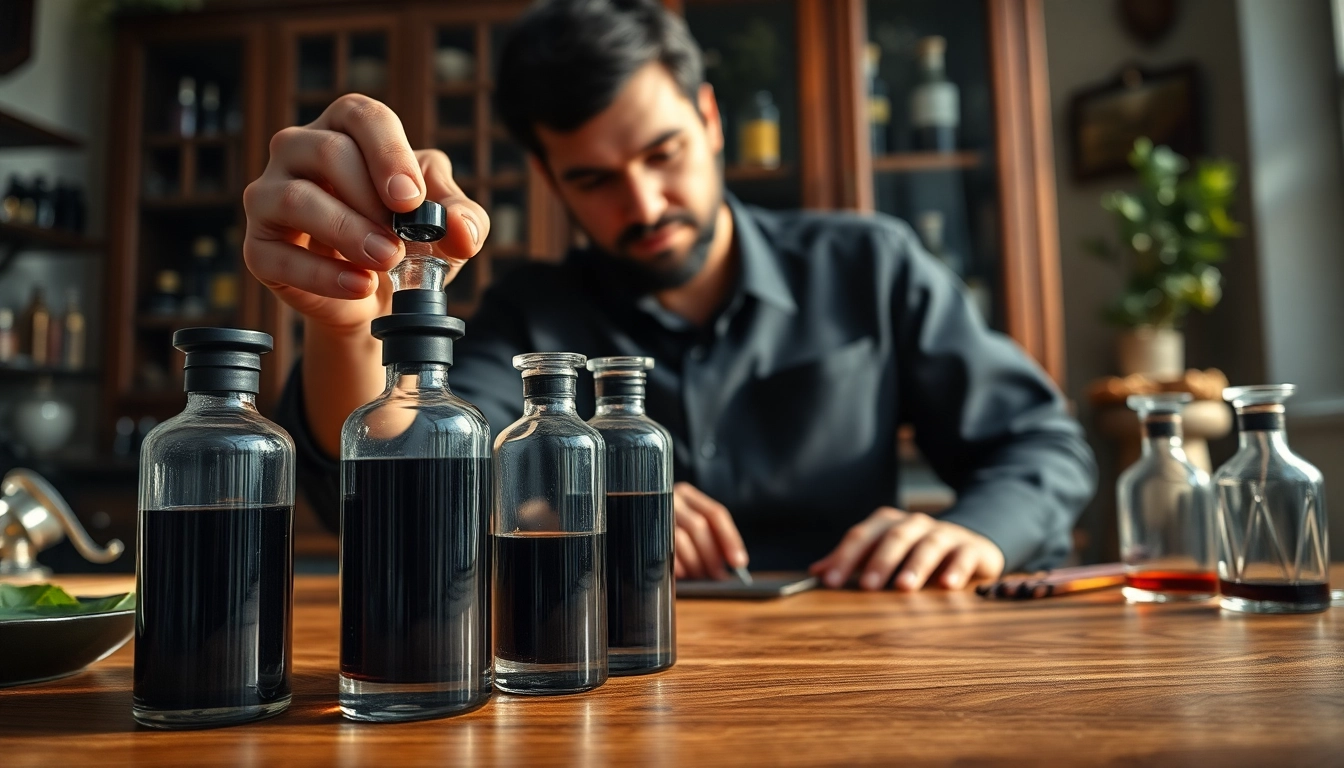 Appréciez le mélange de Black musk illustré avec des ingrédients de parfum en arrière-plan.