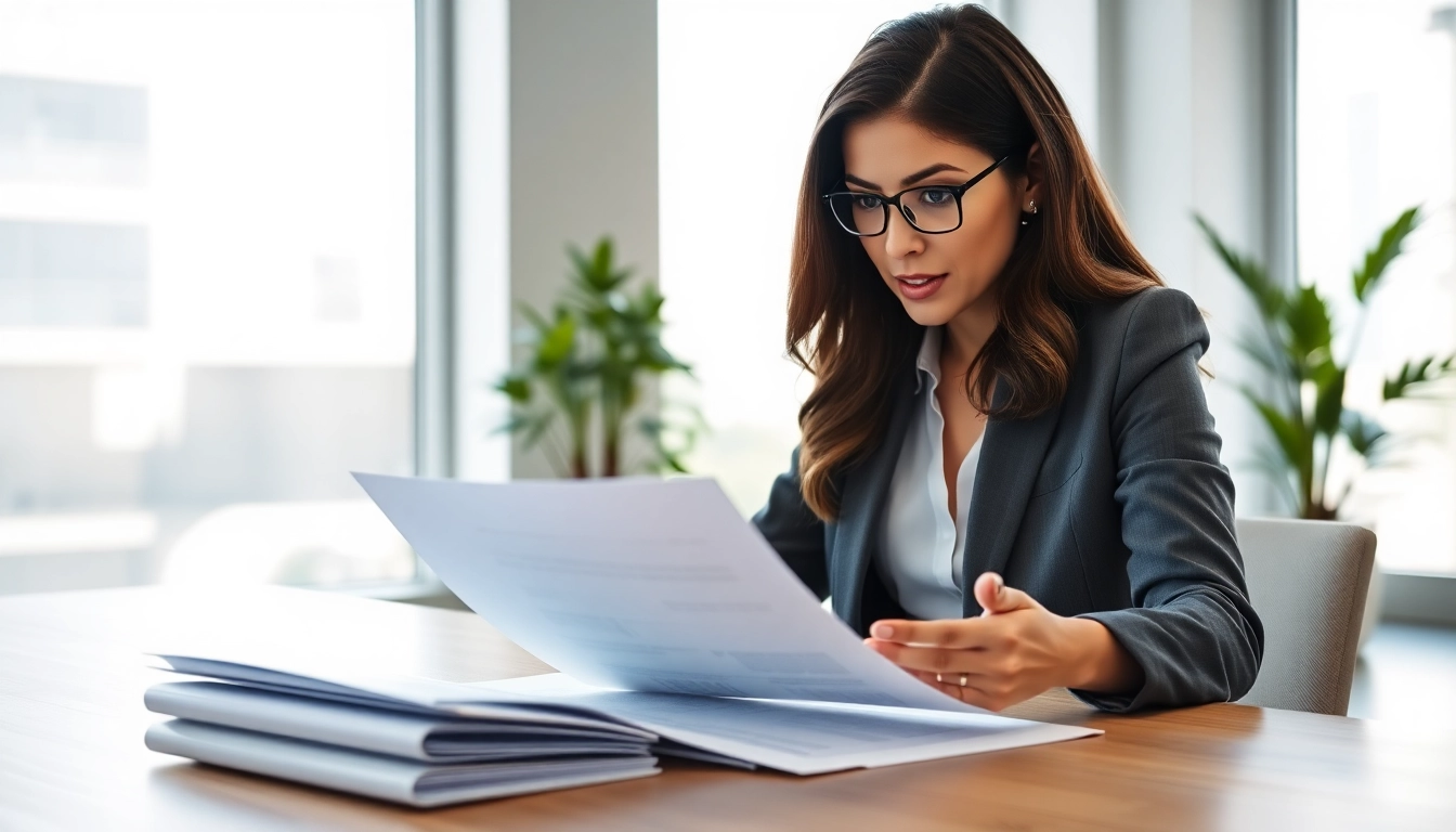Analyze loan principal details in a modern office with a focused businesswoman.