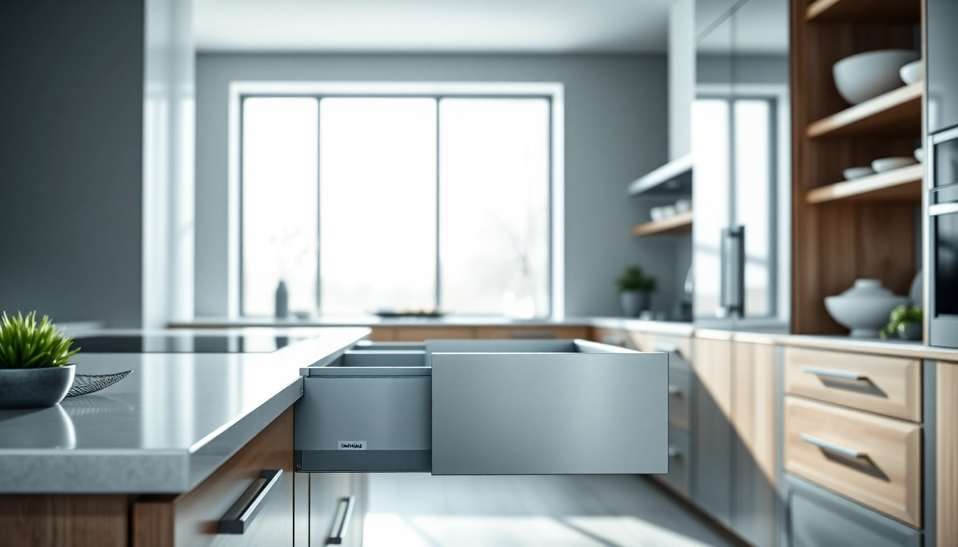 Examine the sleek double wall drawer system with a metallic finish in a modern kitchen setup.