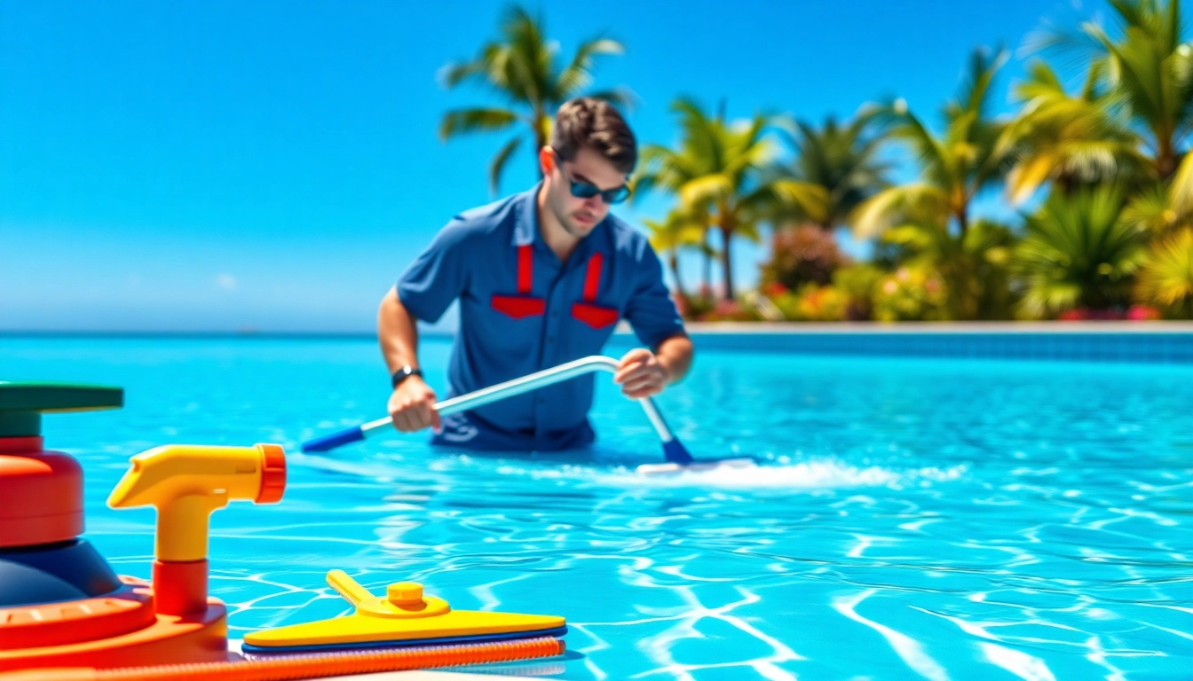 Showcasing a professional swimming pool service Pinellas County with a technician cleaning a sparkling pool.