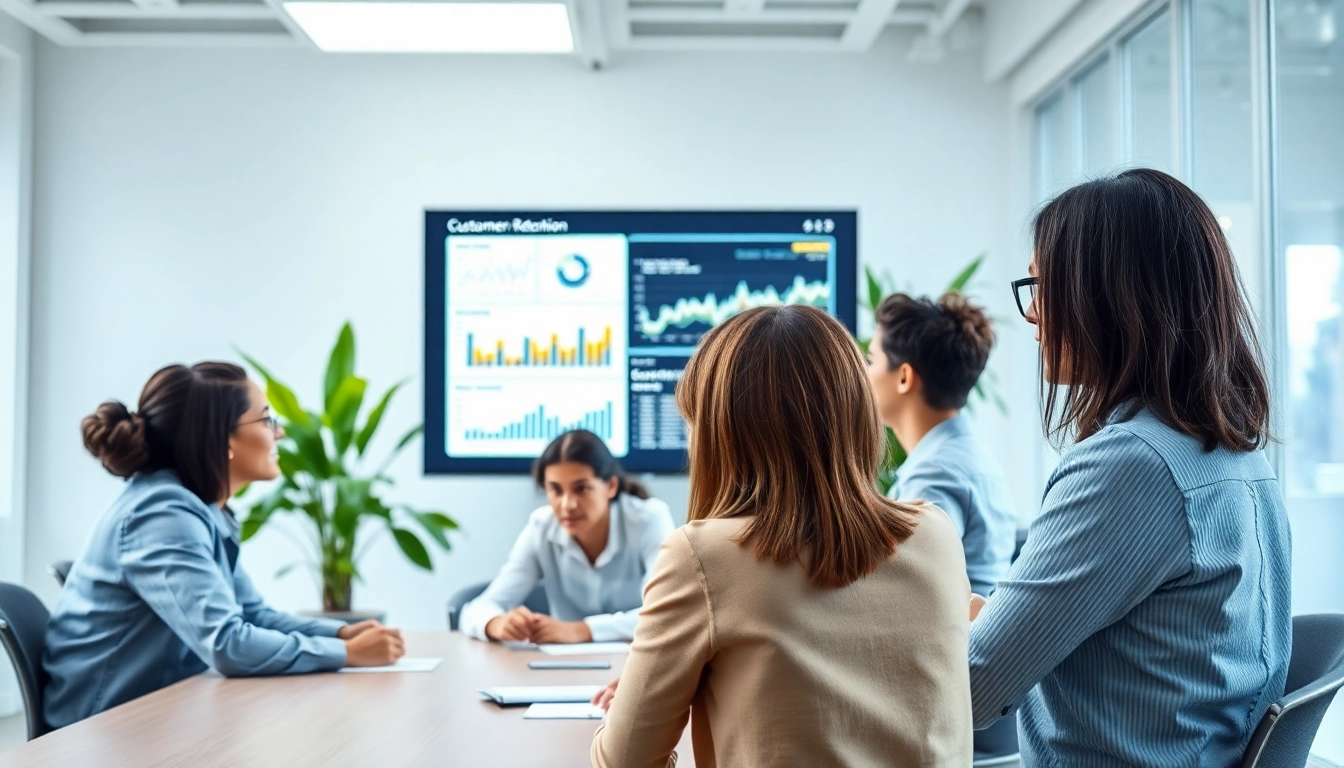 Engaged team collaborating with customer retention software analytics in a modern office.