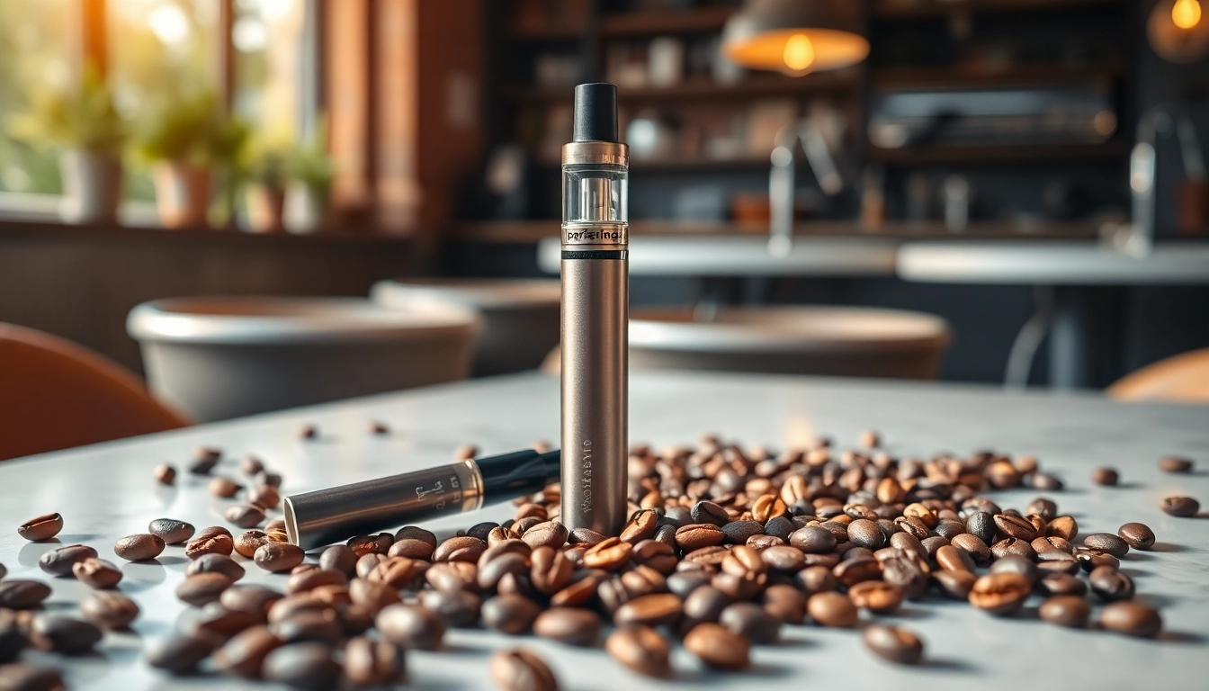 Engaging caffeine vape device surrounded by coffee beans on a modern table.