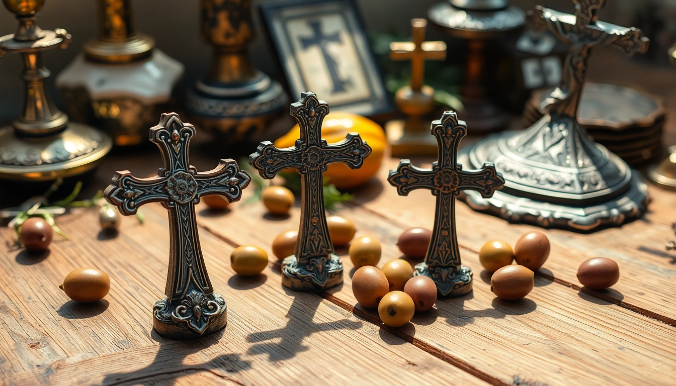 Explore intricately designed Jerusalem crosses displayed with olive branches and religious artifacts.