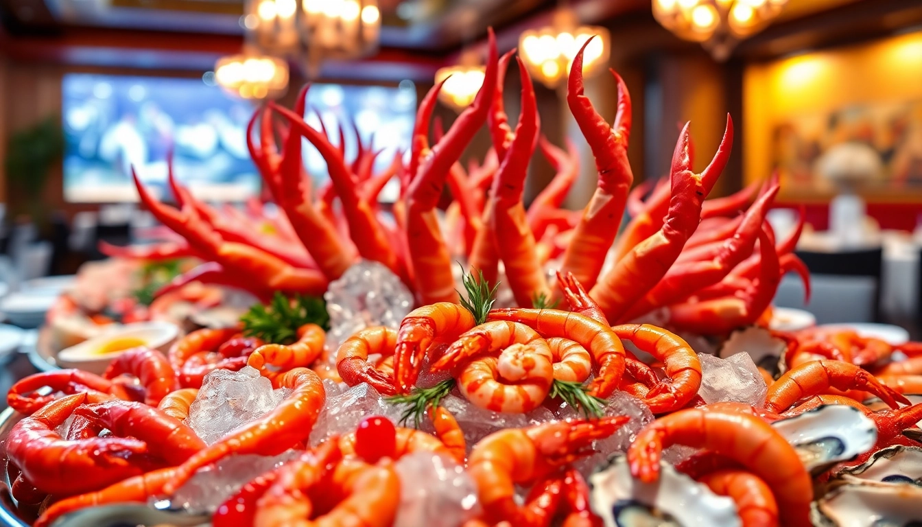 Indulge in Seafood Buffets near me showcasing exquisite crab legs and shrimp beautifully arranged.