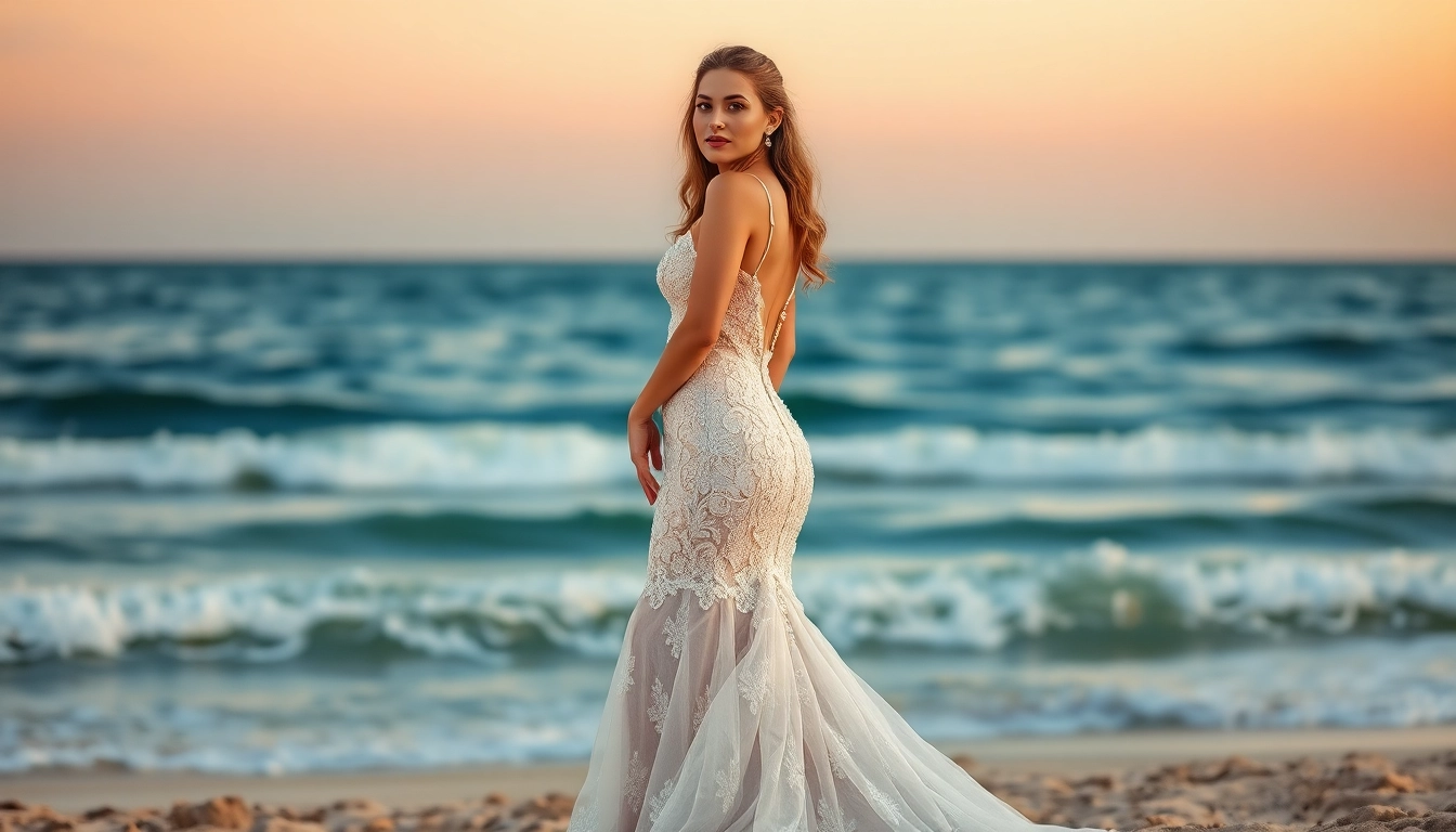 Model showcasing elegant Mermaid Wedding Dresses on a beach at sunset.