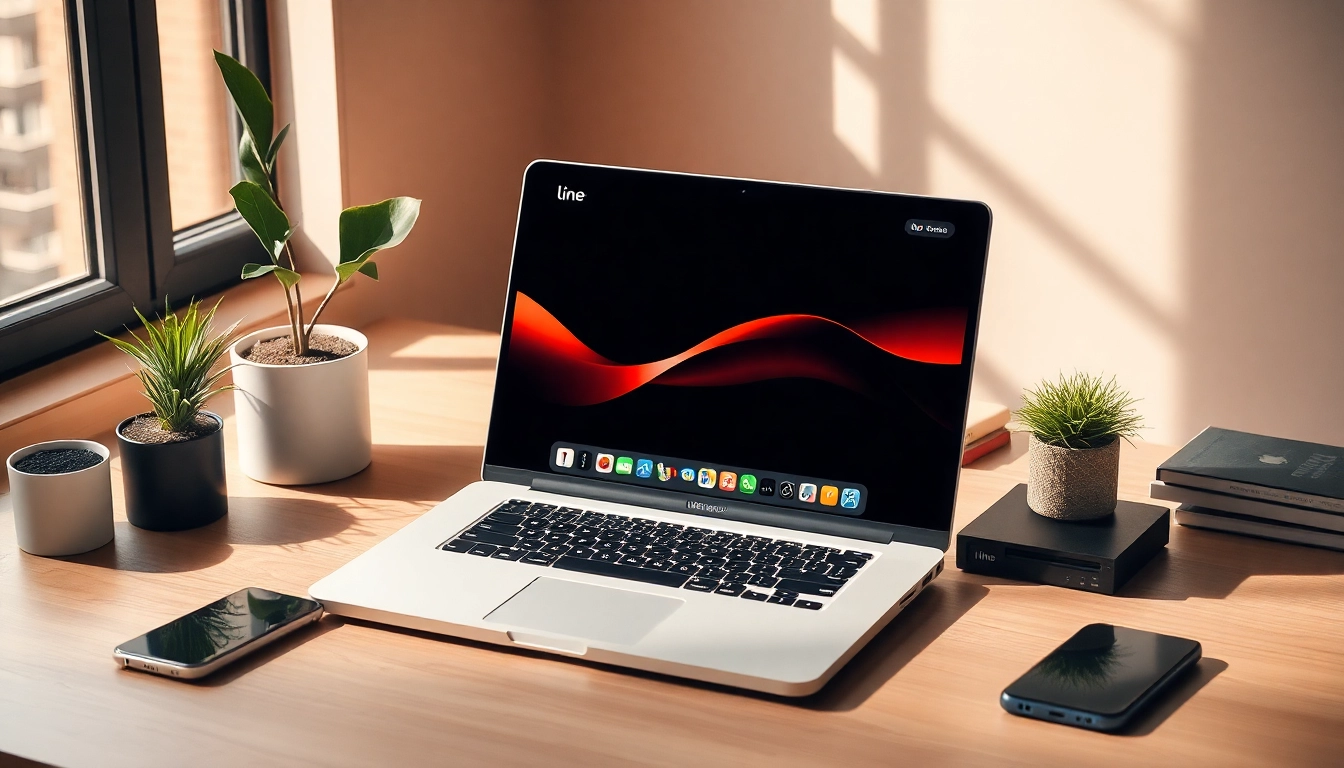 Download line电脑版下载 with an engaging interface showcased on a sleek laptop in a cozy workspace.