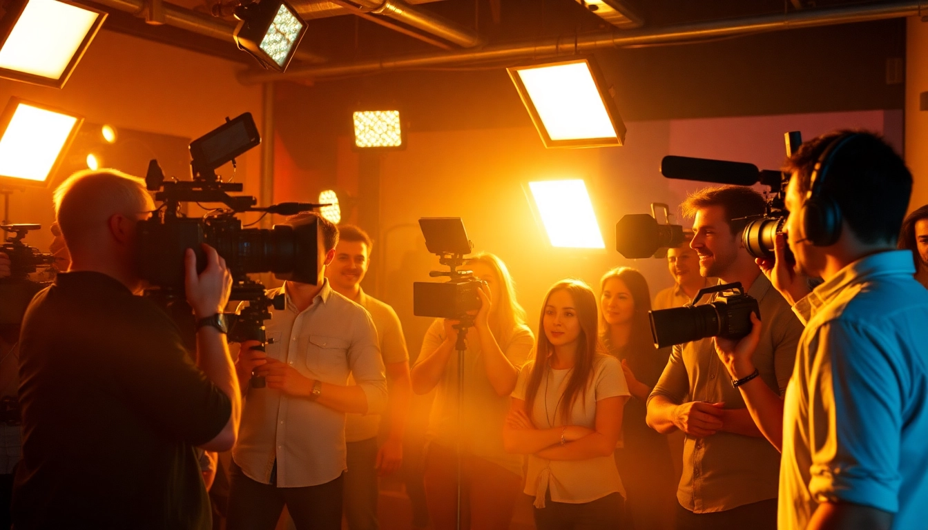 Dynamic scene showcasing 영상프로덕션 with a film crew actively filming on location.