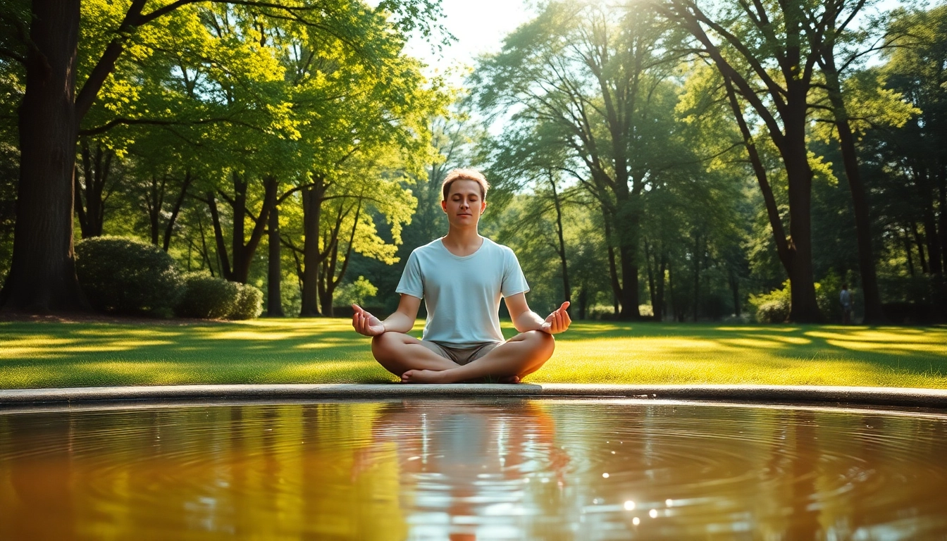 Practicing mindfulness outdoors to combat dealing with stress in a serene park setting.