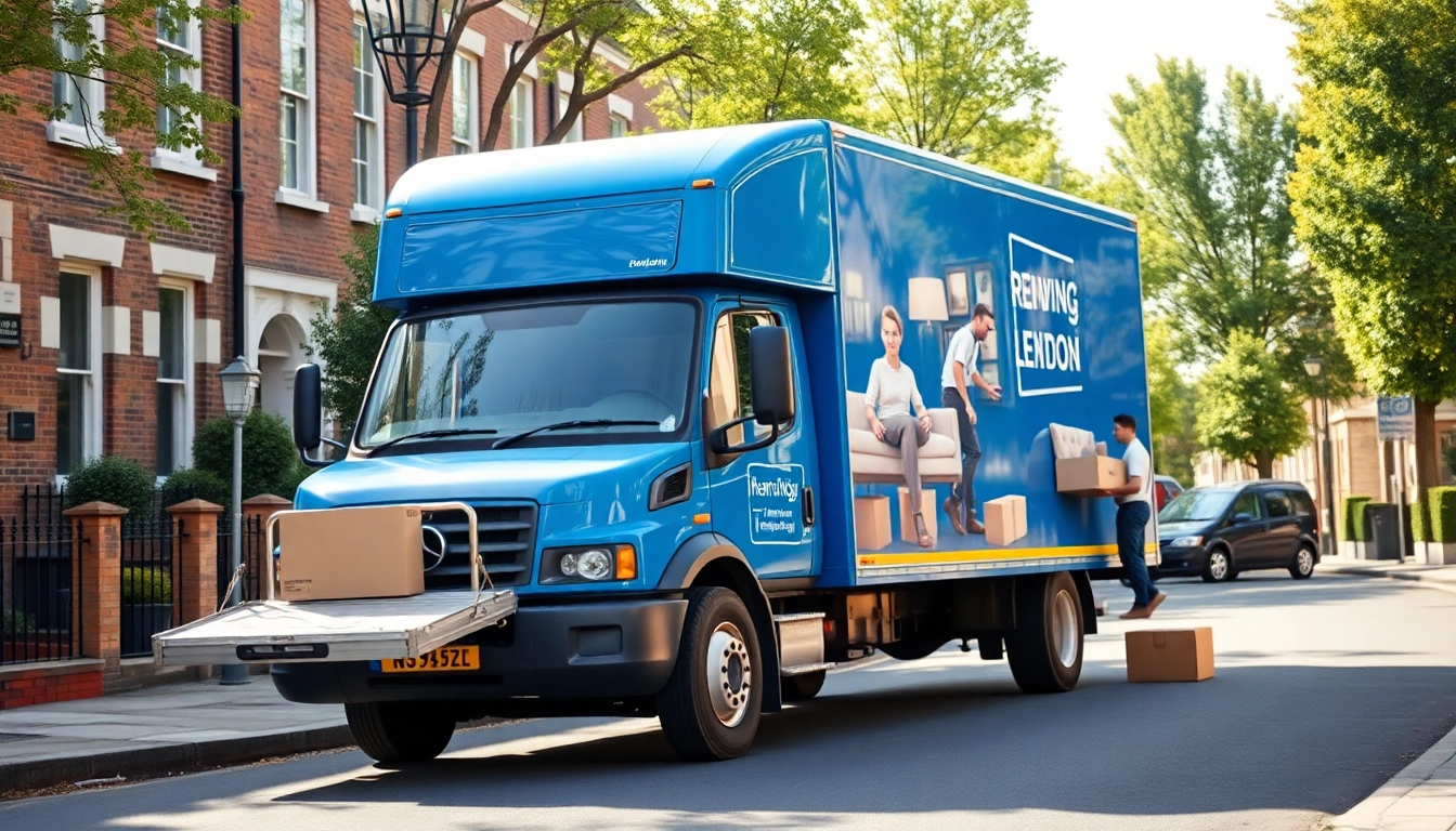 Professional crew of expert removal companies in East London loading a blue moving truck.