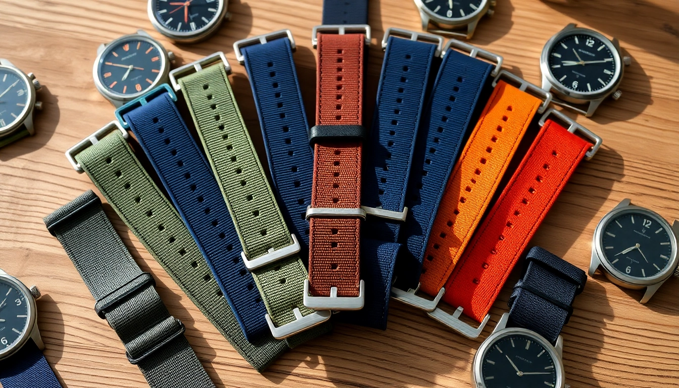 Shop NATO watch straps UK featuring a variety of colors and styles on a wooden backdrop.