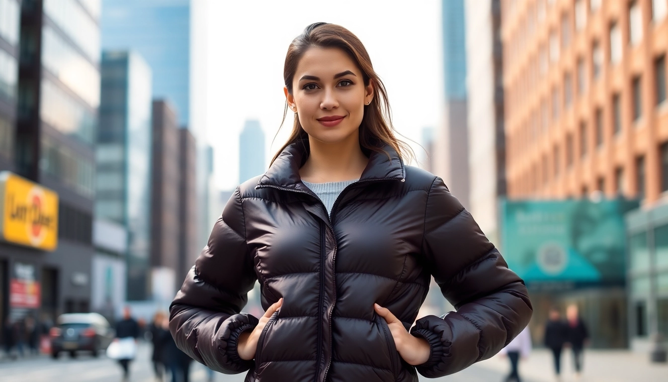 Stylish woman confidently showcasing a puffer jacket for women in a vibrant urban setting.