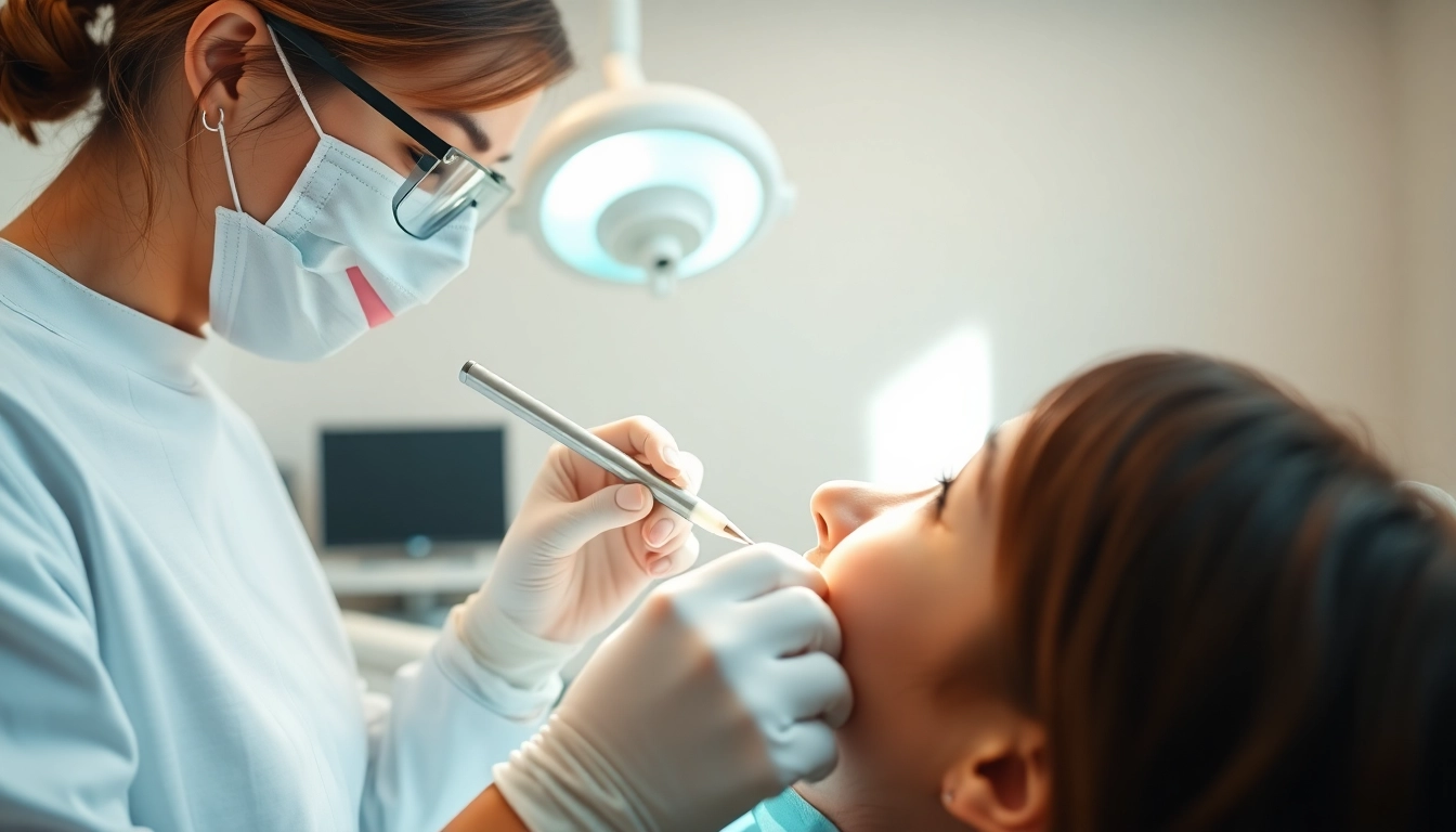 Dental cleanings in progress with a hygienist providing care in a modern dental office.