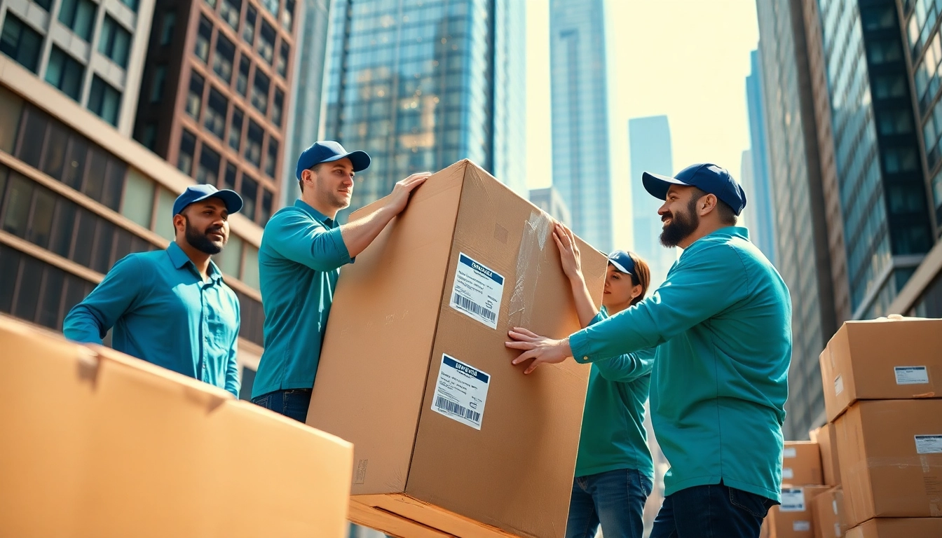 Movers working efficiently with boxes in a cityscape, showcasing moving company near me services.