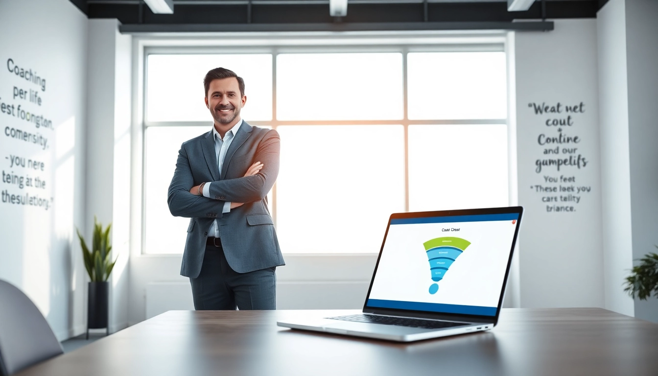 Engaging Funnels for coaches displayed on a modern office digital device.