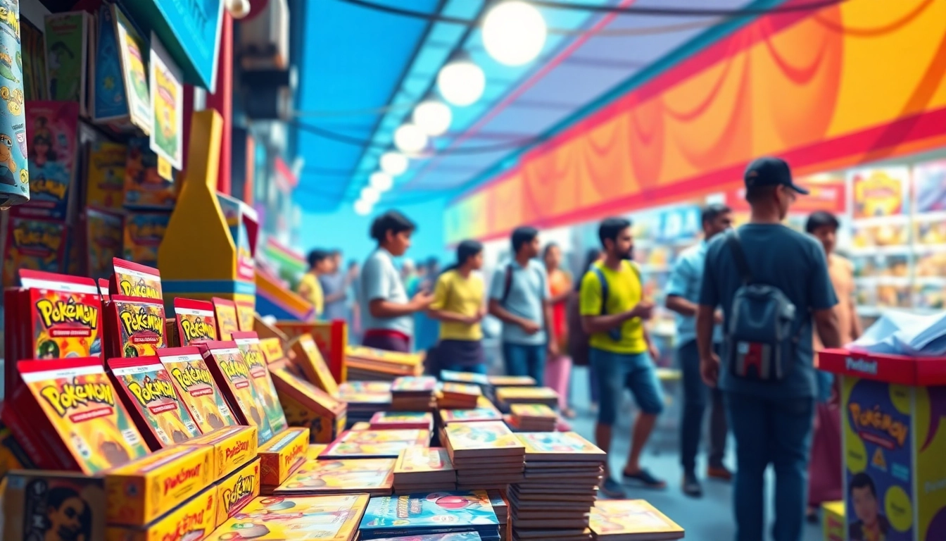 Buy Pokemon cards in India featuring vibrant marketplace with collectors and various card displays.