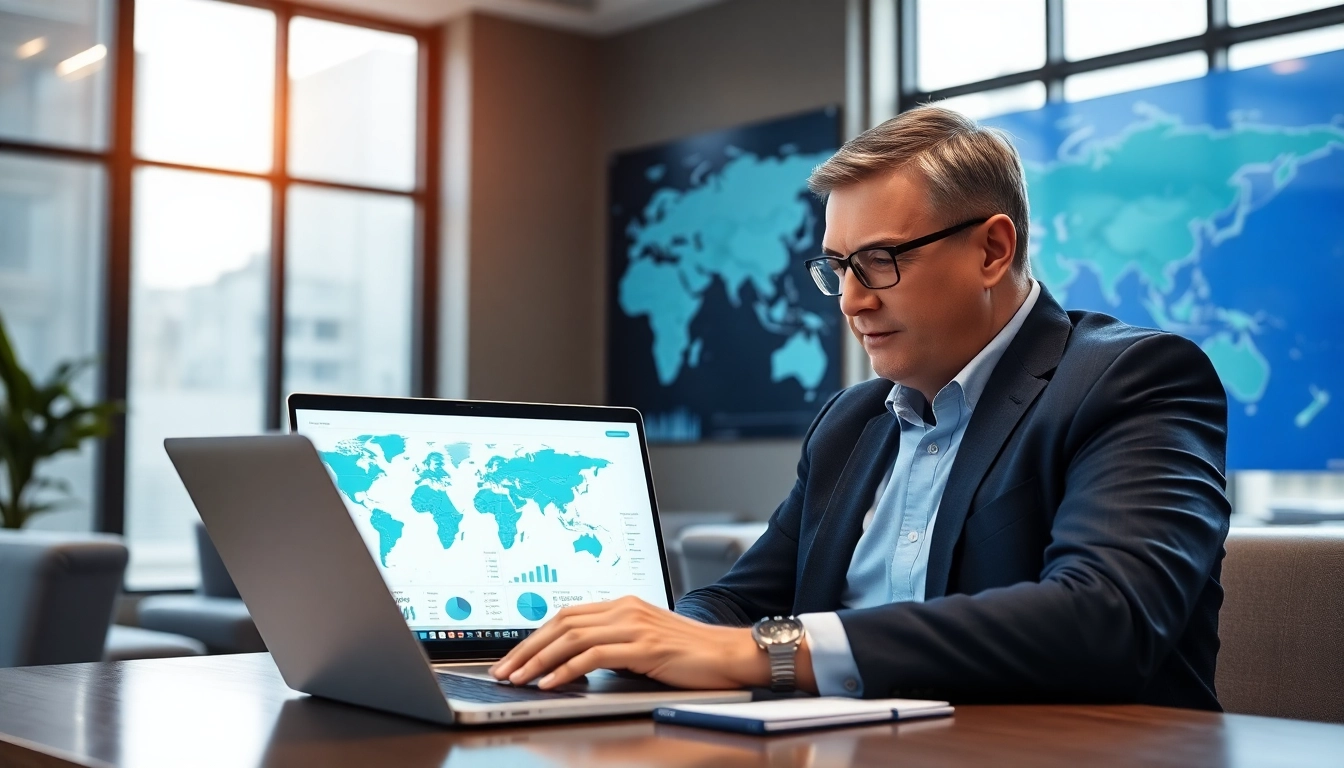 Providing International real estate advice in a professional office with a world map background.
