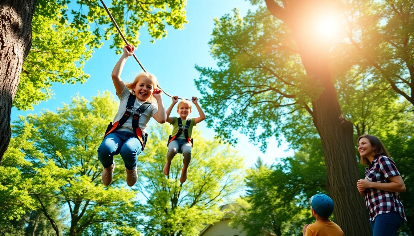Families enjoying thrilling ZIP WIRE KITS in a vibrant, sunny backyard setting.